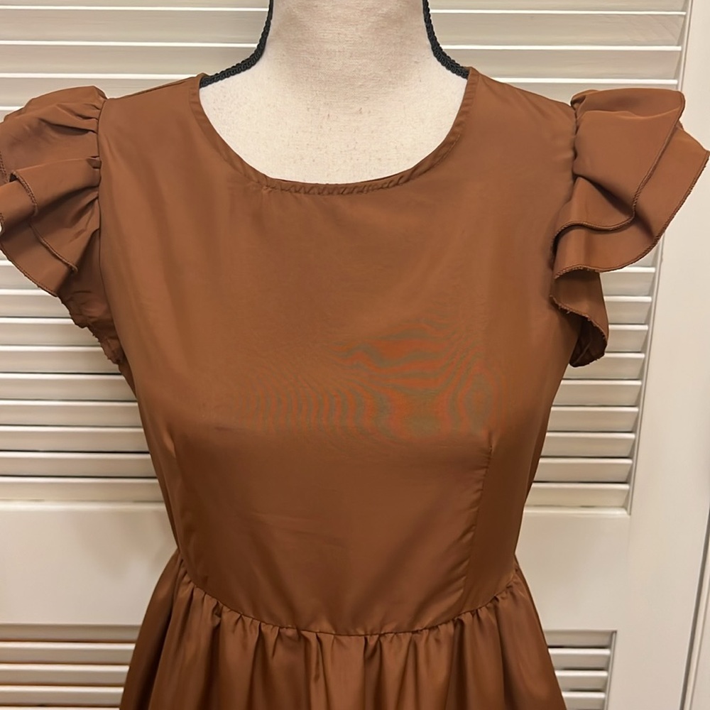 Sold on mercari.  SHEIN Tiered Ruffled Midi Dress in Brown, Size Small, EUC - Picture 4 of 17